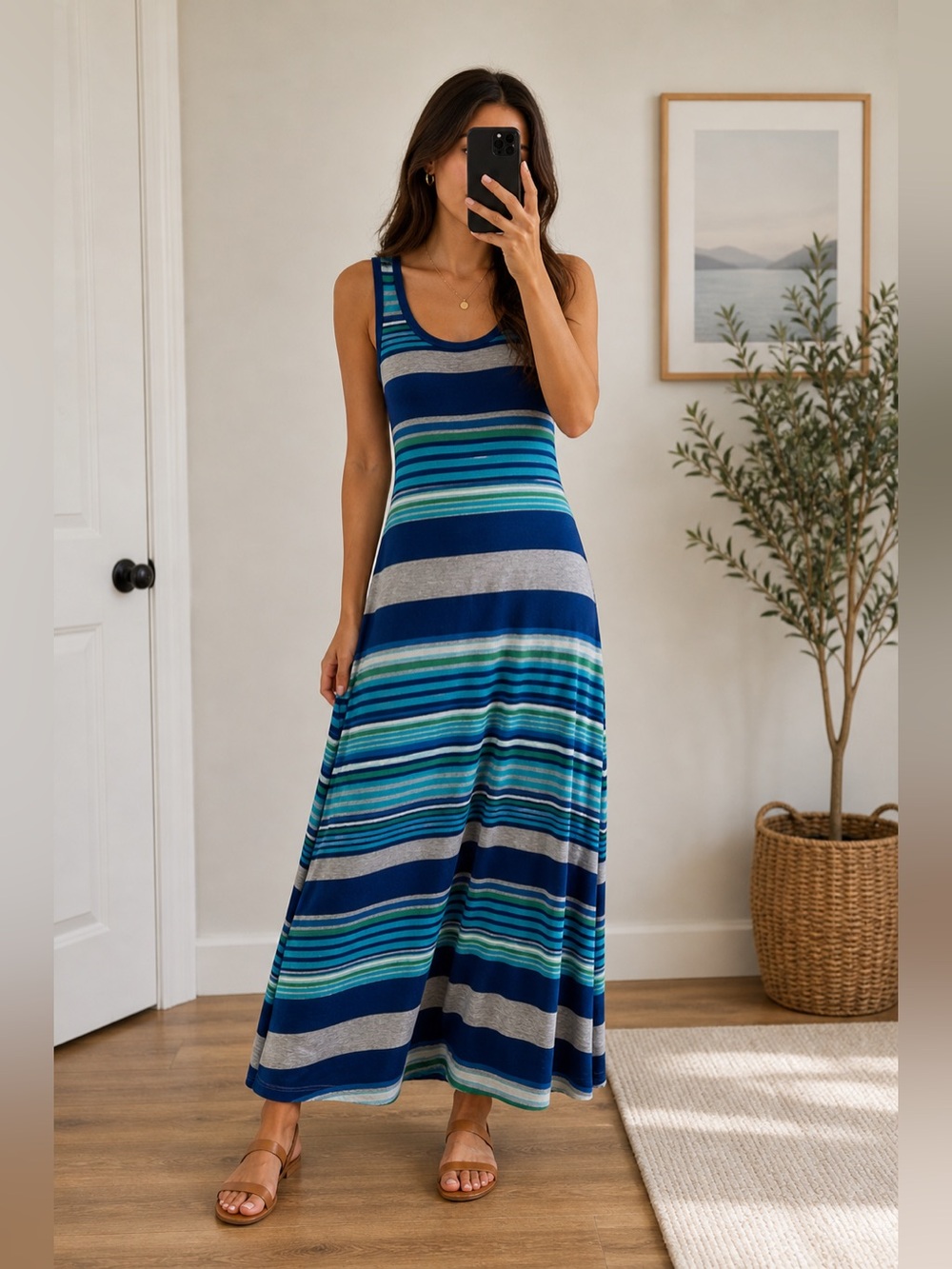Calvin Klein Blue Maxi Dress Sleeveless Scoop Neck Casual